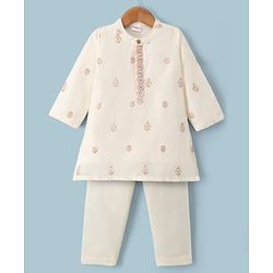 Babyhug Cotton Blend Woven Full Sleeves Kurta Pyjama Set with Floral Sequin Embroidery - Offwhite
