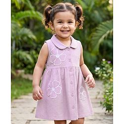 Babyhug 100% Cotton Knit Sleeveless Frock With Floral Applique - Lavender