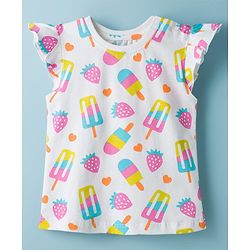 Babyhug Cotton Knit Frill Sleeves Co-ords T-Shirt & Capri Night Suit with Popsicle Print - White