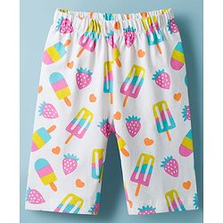 Babyhug Cotton Knit Frill Sleeves Co-ords T-Shirt & Capri Night Suit with Popsicle Print - White