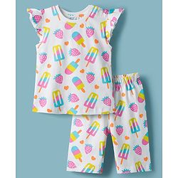 Babyhug Cotton Knit Frill Sleeves Co-ords T-Shirt & Capri Night Suit with Popsicle Print - White