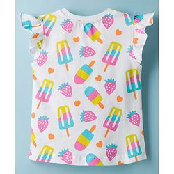 Babyhug Cotton Knit Frill Sleeves Co-ords T-Shirt & Capri Night Suit with Popsicle Print - White