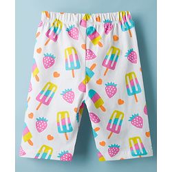 Babyhug Cotton Knit Frill Sleeves Co-ords T-Shirt & Capri Night Suit with Popsicle Print - White
