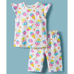 Babyhug Cotton Knit Frill Sleeves Co-ords T-Shirt & Capri Night Suit with Popsicle Print - White