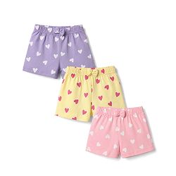 Babyhug Single Jersey Knit Mid Thigh Shorts With Heart Print & Bow Applique Pack of 3 - Multicolor