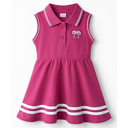 Babyhug  Knitted Sleeveless Polo Neck One Piece Dress/Frock With Bow Print - Pink