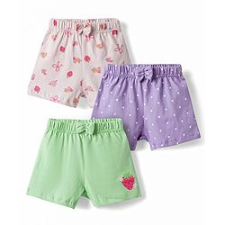 Babyhug Single Jersey Knit Mid Thigh Printed Shorts with Bow Applique Pack of 3 - Multicolor