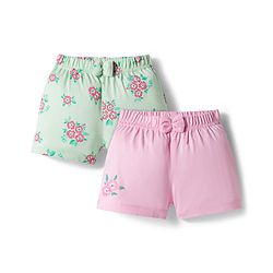 Babyhug Cotton Knit Mid Thigh Floral Printed Shorts Pack Of 2 - Multicolour