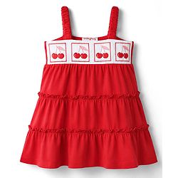 Babyhug 100% Cotton Knit Sleeveless Cherry Embroidered Tiered Frock - Red