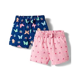 Babyhug Cotton Knit Mid Thigh Shorts with Floral & Butterfly Print & Bow Applique Pack of 2 - Navy Blue & Pink