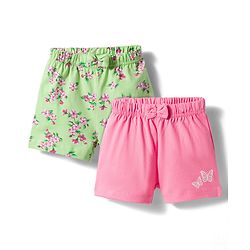 Babyhug Cotton Knit Mid Thigh Shorts with Floral & Butterfly Print & Bow Applique Pack of 2 - Light Green & Pink