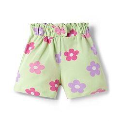 Babyhug Cotton Knit Mid Thigh Floral Printed Shorts With Bow Applique - Light Green