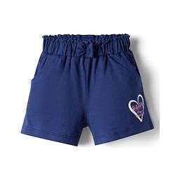 Babyhug Cotton Knit Mid Thigh Heart & Text Printed Shorts With Bow Applique - Navy Blue