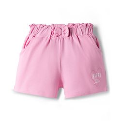 Babyhug Cotton Knit Mid Thigh Heart & Text Printed Shorts With Bow Applique - Pink