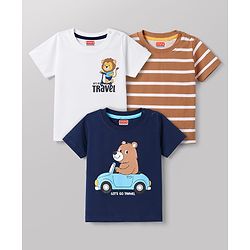Babyhug 100% Cotton Knit Half Sleeves Striped Animal & Vehicles Printed T-Shirts Pack of 3 - Navy Blue Brown & White