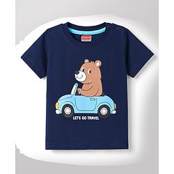 Babyhug 100% Cotton Knit Half Sleeves Striped Animal & Vehicles Printed T-Shirts Pack of 3 - Navy Blue Brown & White