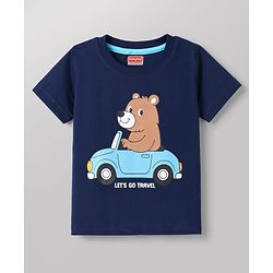 Babyhug 100% Cotton Knit Half Sleeves Striped Animal & Vehicles Printed T-Shirts Pack of 3 - Navy Blue Brown & White
