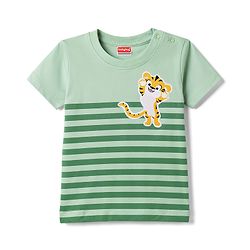Babyhug 100% Cotton Single Jersey Knit Half Sleeves Striped T-Shirt With Lion Patch & Military Cargo Shorts Set - Green & Beige