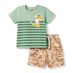 Babyhug 100% Cotton Single Jersey Knit Half Sleeves Striped T-Shirt With Lion Patch & Military Cargo Shorts Set - Green & Beige