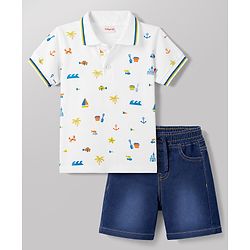 Babyhug Single Jersey Knit Half Sleeves Polo T-Shirt & Denim Shorts Set With Sea Life Print - White & Blue