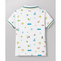 Babyhug Single Jersey Knit Half Sleeves Polo T-Shirt & Denim Shorts Set With Sea Life Print - White & Blue