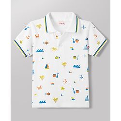 Babyhug Single Jersey Knit Half Sleeves Polo T-Shirt & Denim Shorts Set With Sea Life Print - White & Blue