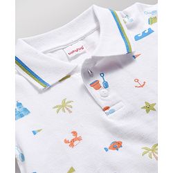 Babyhug Single Jersey Knit Half Sleeves Polo T-Shirt & Denim Shorts Set With Sea Life Print - White & Blue