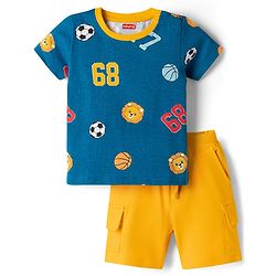 Babyhug Single Jersey Knit Half Sleeves T-Shirt & Shorts Set with Basketball Print - Blue
