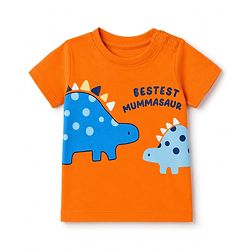 Babyhug 100% Cotton Single Jersey Knit Half Sleeves Shoulder Snap Buttons T-Shirt & Shorts Set With Dino & Bestes Mummasaur Print - Orange & Navy Blue