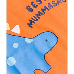Babyhug 100% Cotton Single Jersey Knit Half Sleeves Shoulder Snap Buttons T-Shirt & Shorts Set With Dino & Bestes Mummasaur Print - Orange & Navy Blue