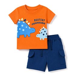 Babyhug 100% Cotton Single Jersey Knit Half Sleeves Shoulder Snap Buttons T-Shirt & Shorts Set With Dino & Bestes Mummasaur Print - Orange & Navy Blue
