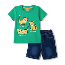 Babyhug Single Jersey Knit Half Sleeves T-Shirt & Denim Shorts With Animal Print - Green