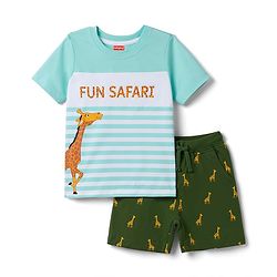 Babyhug 100% Cotton Knit Half Sleeves Giraffe Printed & Striped T-Shirt & Shorts Set - Light Blue & Green