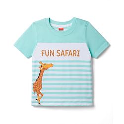 Babyhug 100% Cotton Knit Half Sleeves Giraffe Printed & Striped T-Shirt & Shorts Set - Light Blue & Green