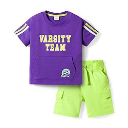 Babyhug Single Jersey Knit Half Sleeves T-Shirt & Shorts Set with Varsity Print - Purple & Light Green