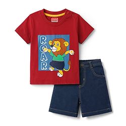 Babyhug Single Jersey Knit Half Sleeves T-Shirt & Denim Shorts With Lion Print - Red & Blue
