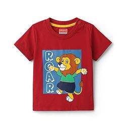 Babyhug Single Jersey Knit Half Sleeves T-Shirt & Denim Shorts With Lion Print - Red & Blue