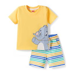 Babyhug Single Jersey Knit Half Sleeves Elephant Printed T-Shirt & Striped Shorts - Yellow, Blue & Green