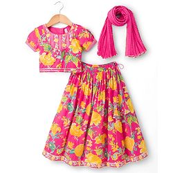 Babyhug Canbric Woven Half Sleeves Choli Lehenga Set With Floral Print & Dupatta - Pink