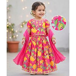 Babyhug Canbric Woven Half Sleeves Choli Lehenga Set With Floral Print & Dupatta - Pink