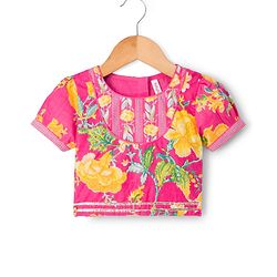 Babyhug Canbric Woven Half Sleeves Choli Lehenga Set With Floral Print & Dupatta - Pink