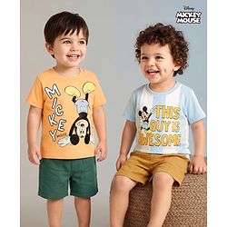 Babyhug Disney Cotton Knit T-Shirt with Mickey Mouse Graphic Half Sleeves Round Neck Multi Color 3-6 Months Pack of 2