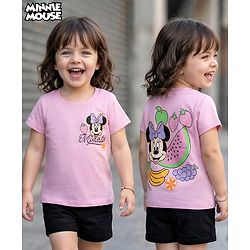 Babyhug Disney Single Jersey Knit Half Sleeves T-Shirt with Front & Back Minnie Mouse Graphics - Pink
