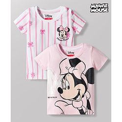 Babyhug Disney Single Jersey Knit Half Sleeves T-Shirts with Minnie Mouse Print Pack of 2 - Pink & White