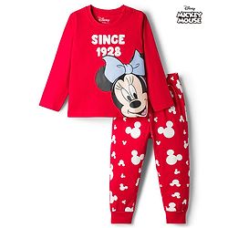 Babyhug Disney Single Jersey Knit Full Sleeves T-Shirt & Pyjama Night-Suit With Minnie Mouse Graphics - Red