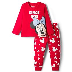 Babyhug Disney Single Jersey Knit Full Sleeves T-Shirt & Pyjama Night-Suit With Minnie Mouse Graphics - Red