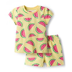 Babyhug Cotton Knit Half Sleeves Co-ords T-Shirt & Shorts Night Suit with Watermelon Print - Yellow