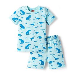 Babyhug Cotton Knit Half Sleeves Co-ords T-Shirt & Shorts Night Suit with Dino Print - Blue