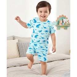Babyhug Cotton Knit Half Sleeves Co-ords T-Shirt & Shorts Night Suit with Dino Print - Blue