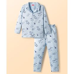 Babyhug Cotton Knit Full Sleeves Shirt & Pyjama Co-ord Night Suit With Animal Print - Light Blue